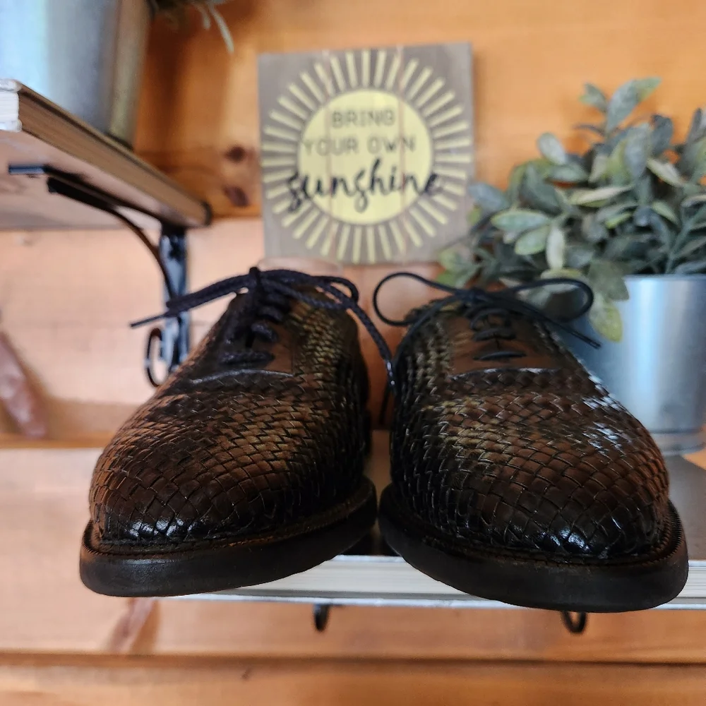 Susan Bennis Warren Edwards Vintage Black Basketweave Leather Oxford Shoes Sz 10